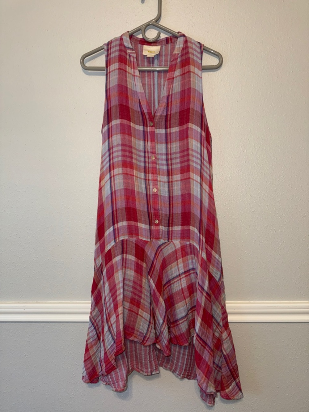 Maeve Pink and Red Plaid Button-Front Dress